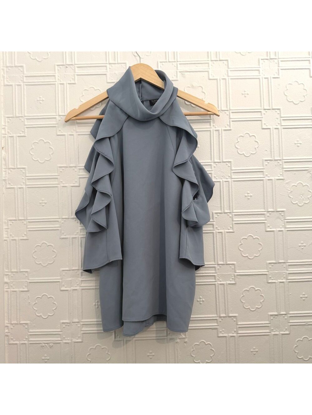 Topshop Slate Blue Cold Shoulder Ruffle Blouse Mock Neck Top Sz 12